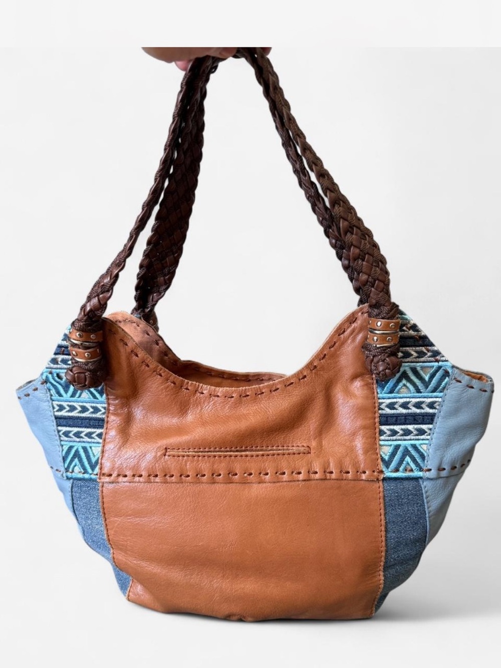 The SAK Indio Leather &
Denim Patchwork Satchel Boho Purse Hobo Shoulder Bag - Picture 2 of 8